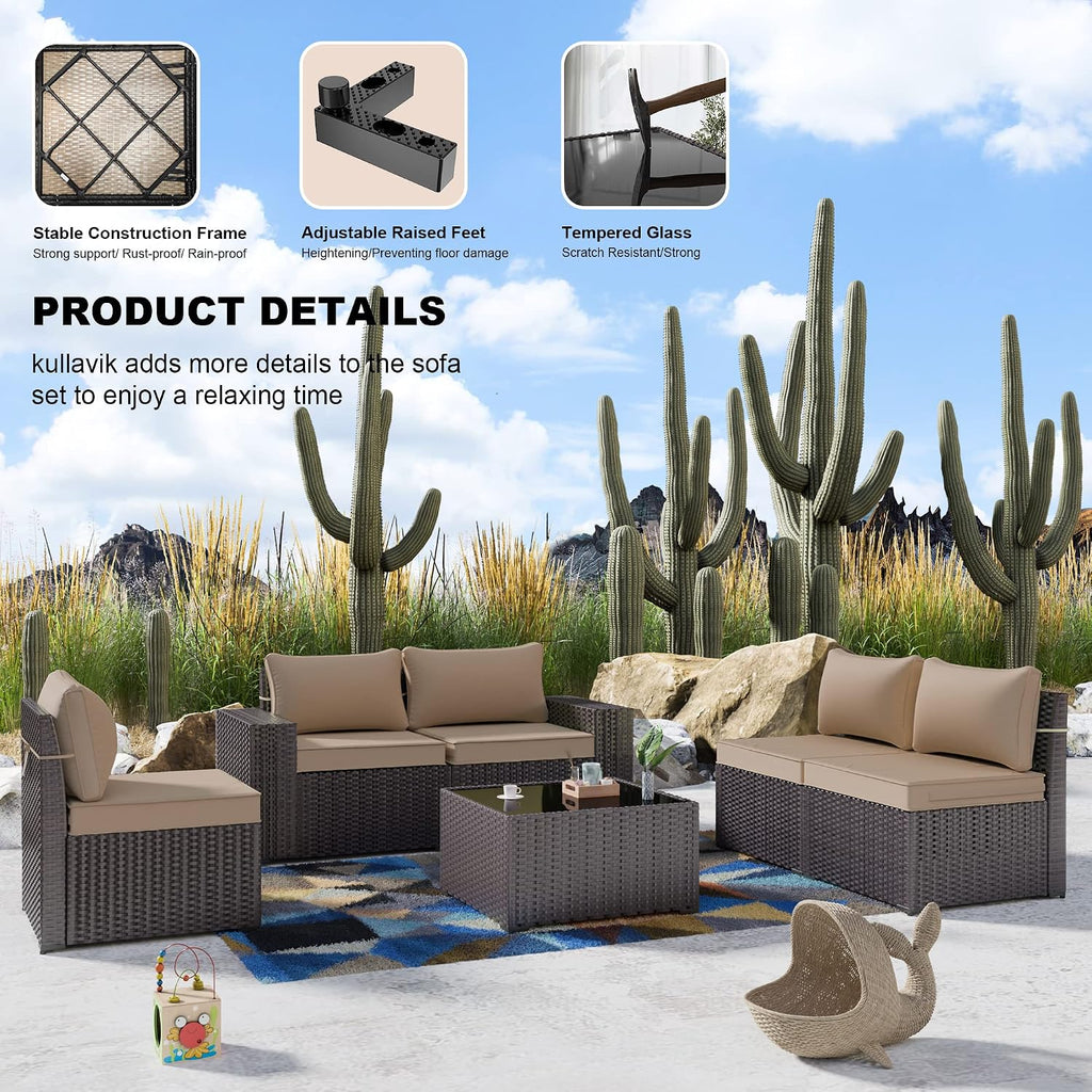 Kullavik Outdoor Patio Furniture Set 6 Pieces Sectional Rattan Sofa Set Brown PE Rattan Wicker Patio Conversation Set with 5 Seat Cushions and 1 Tempered Glass Table,Sand