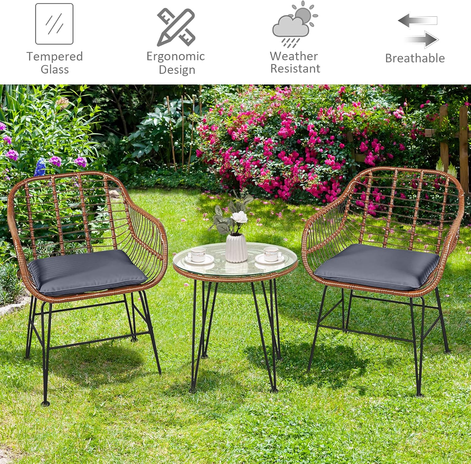 COSTWAY 3 Pieces Patio Bistro Set, Outdoor Rattan Conversation Seating Chair Set with Coffee Table & Soft Cushions, Indoor Wicker Furniture Set for Garden, Balcony, Porch, Pool, Gray