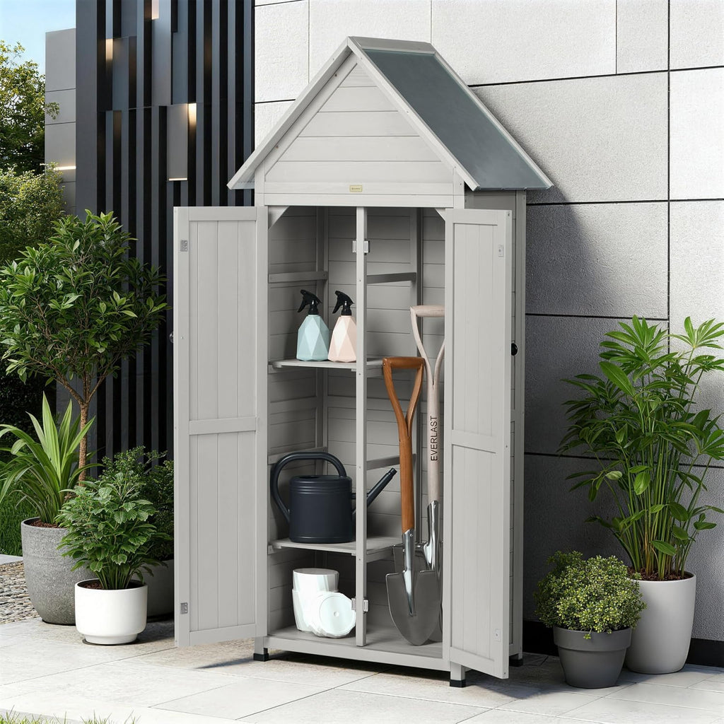 Outdoor Storage Shed with Floor & Adjustable Shelves, Wooden Garden Tool Cabinet Weatherproof, 71' Vertical Patio Organizer