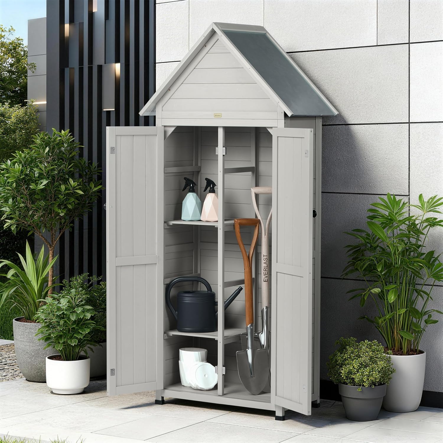 Outdoor Storage Shed with Floor & Adjustable Shelves, Wooden Garden Tool Cabinet Weatherproof, 71' Vertical Patio Organizer