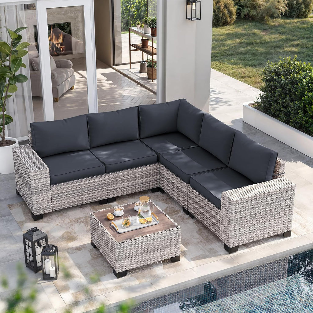 6-Piece Outdoor Patio Furniture Set Wicker Sectional Sofa Set, Patio Conversation Set with Thickened Cushions & Coffee Table for Garden, Backyard, Poolside, Dark Grey