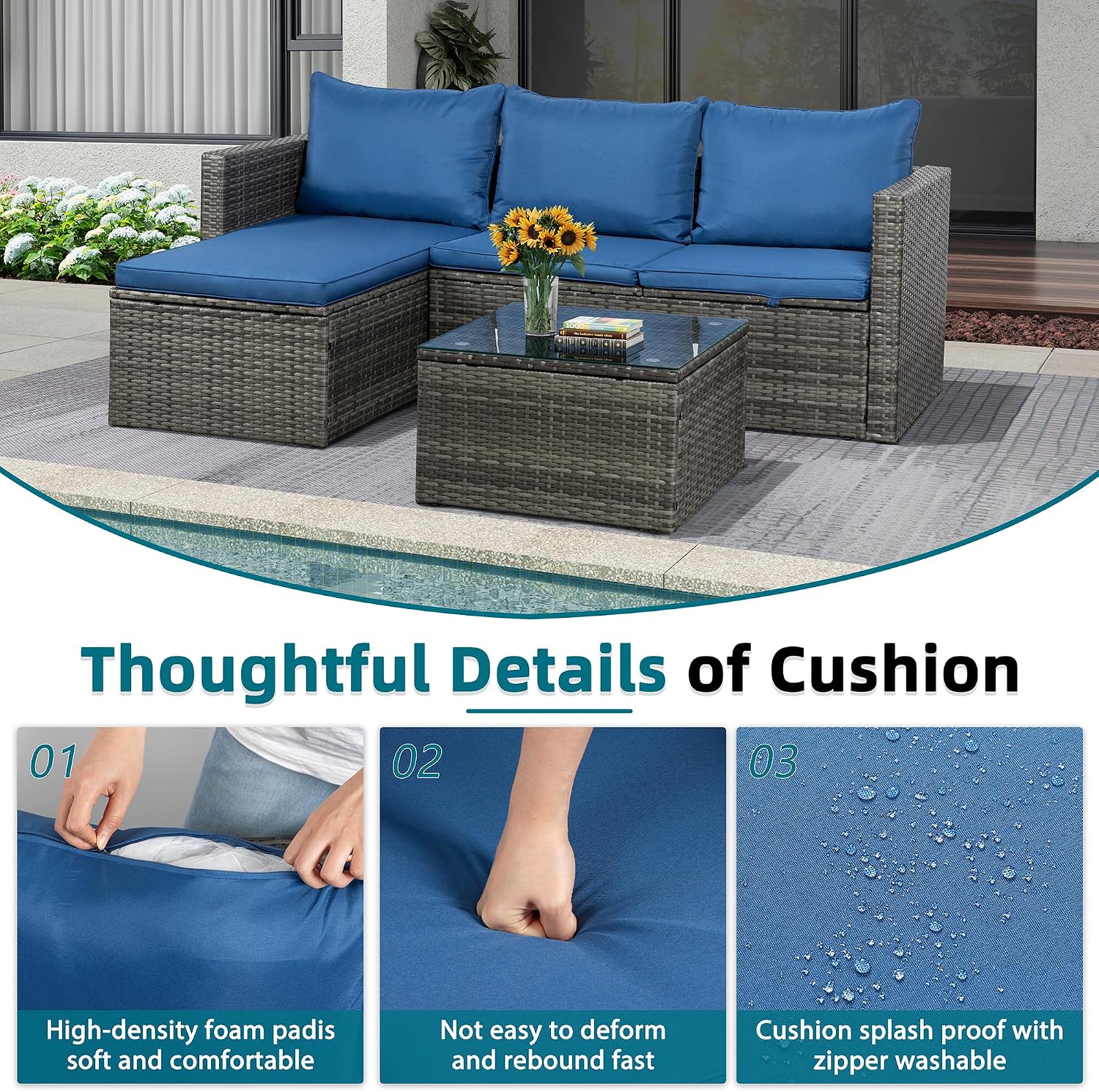 SUNLEI Small Outdoor Sofa Patio Furniture Set with Detachable Cushions, 3 PCS Patio Sectional Sofa with Coffee Table & 5 Position Adjustable,PE Rattan Patio Conversation Set, Silver Rattan/Royal Blue