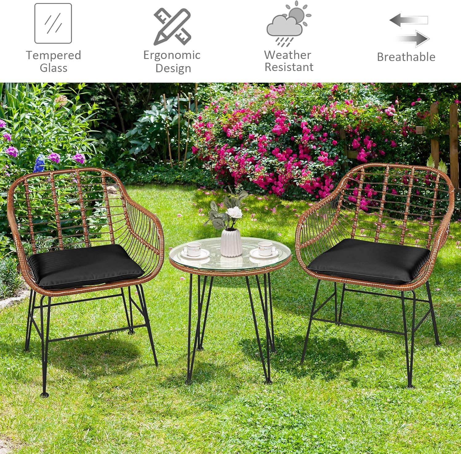 COSTWAY 3 Pieces Patio Bistro Set, Outdoor Rattan Conversation Seating Chair Set with Coffee Table & Soft Cushions, Indoor Wicker Furniture Set for Garden, Balcony, Porch, Pool, Black