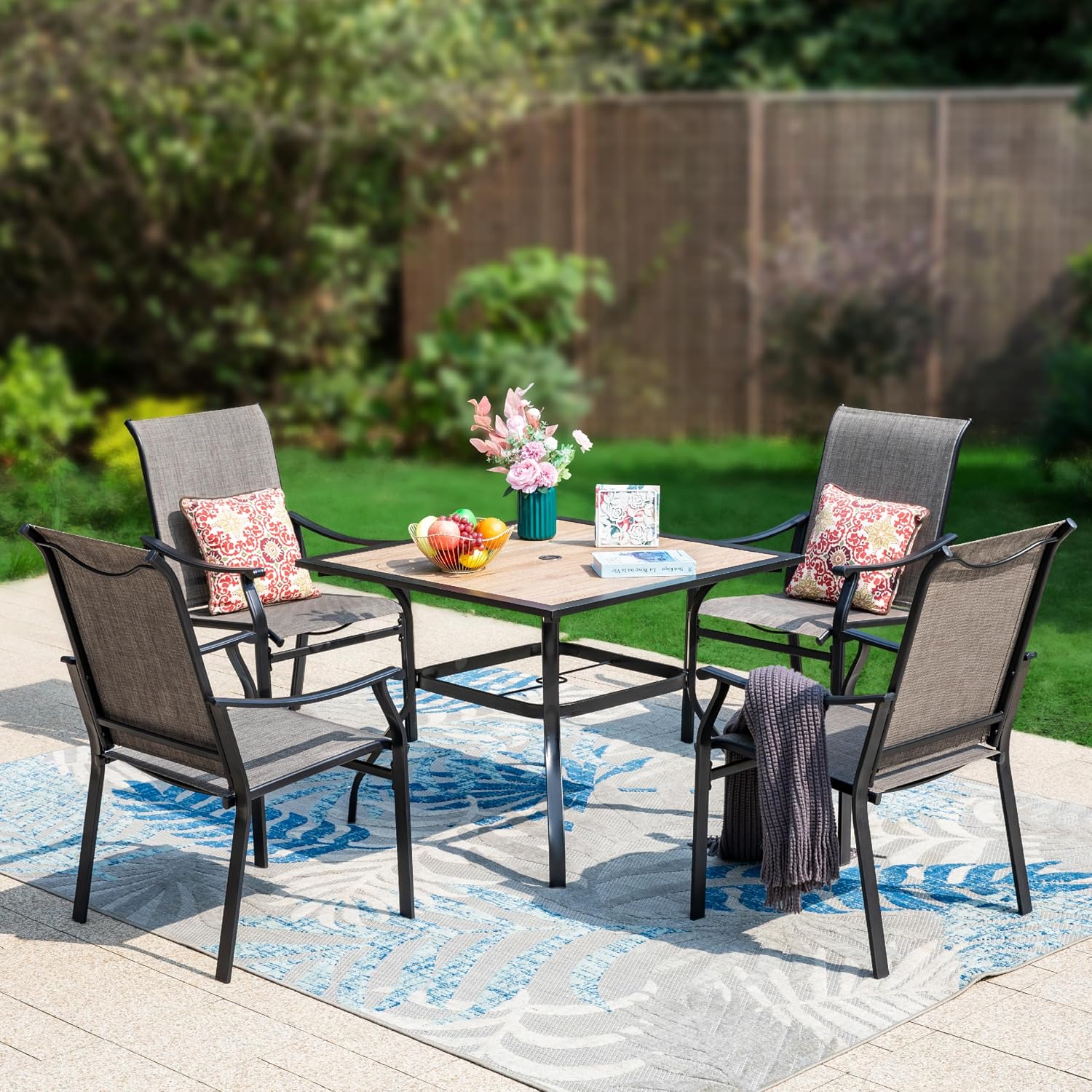 Sophia & William 5-Piece Outdoor Dining Set, 4 Comfortable Textilene Chairs and 37' Wood-like Top Outdoor Square Table, Durable All-Weather Patio Furniture for Lawn, Park, and Courtyard Support 350lbs