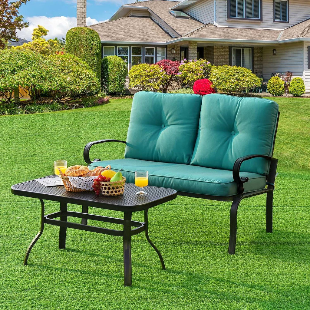 Tangkula Patio Loveseat with Table Set, 2 Seat Cushioned Sofa with Coffee Table, Patio Conversation Sofa Set with Rustproof Frame, 2 Pieces Outdoor Furniture Set for Garden, Poolside (Turquoise)