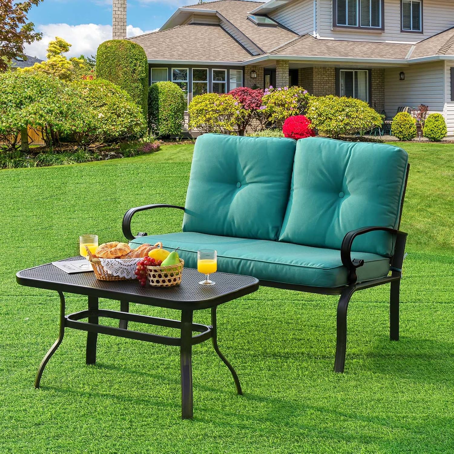 Tangkula Patio Loveseat with Table Set, 2 Seat Cushioned Sofa with Coffee Table, Patio Conversation Sofa Set with Rustproof Frame, 2 Pieces Outdoor Furniture Set for Garden, Poolside (Turquoise)