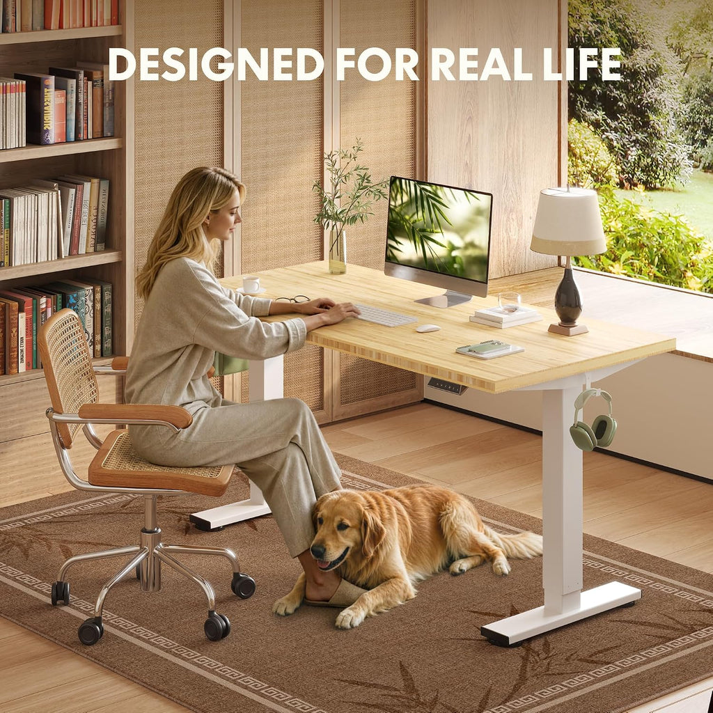 FLEXISPOT Solid Wood Standing Desk, One-Piece Real Wood Desktop, Electric Height Adjustable Desk for Home Office, 176 LBS Capacity (48'x24' Bamboo, White Frame)