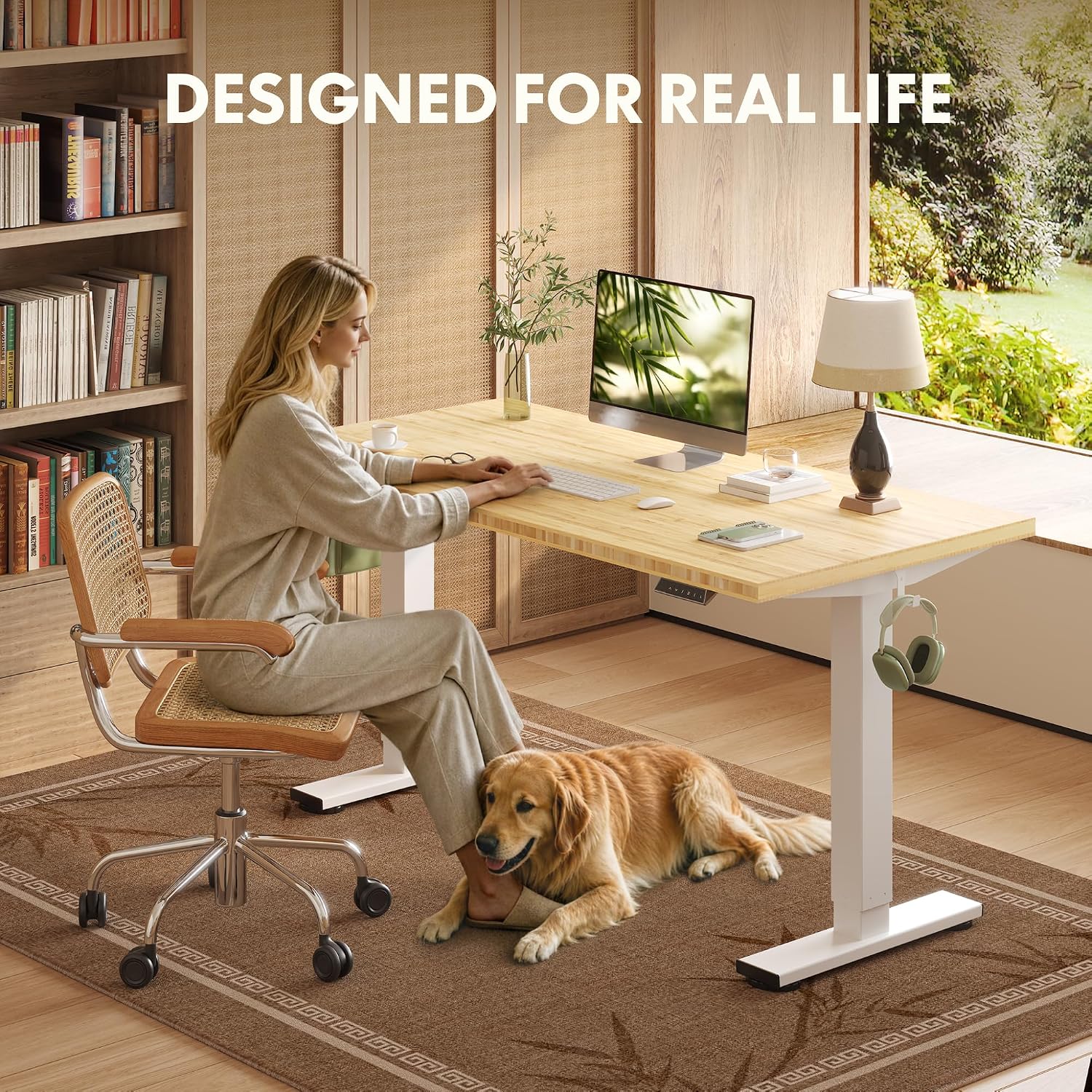 FLEXISPOT Solid Wood Standing Desk, One-Piece Real Wood Desktop, Electric Height Adjustable Desk for Home Office, 176 LBS Capacity (48'x24' Bamboo, White Frame)