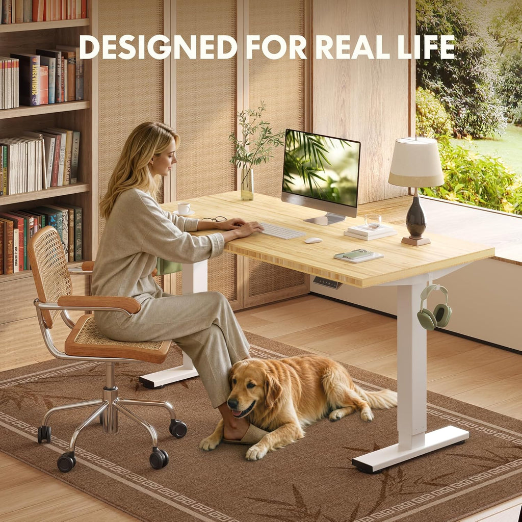 FLEXISPOT Solid Wood Standing Desk, One-Piece Real Wood Desktop, Electric Height Adjustable Desk for Home Office, 176 LBS Capacity (55'x28' Bamboo, White Frame)