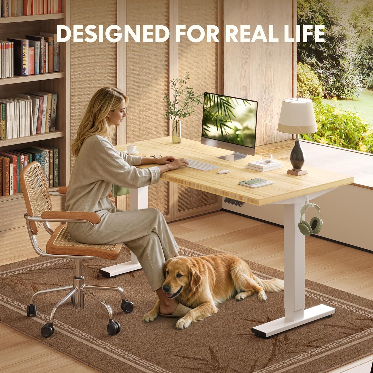 FLEXISPOT Solid Wood Standing Desk, One-Piece Real Wood Desktop, Electric Height Adjustable Desk for Home Office, 176 LBS Capacity (55'x28' Bamboo, White Frame)