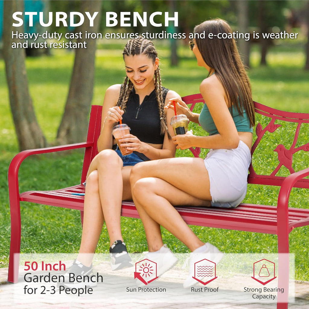 Sophia & William Outdoor Patio Metal Park Bench Red, Steel Frame Bench with Backrest and Armrests for Porch, Patio, Garden, Lawn, Balcony, Backyard and Indoor, 50.4'Wx23.5'D x35.0'H