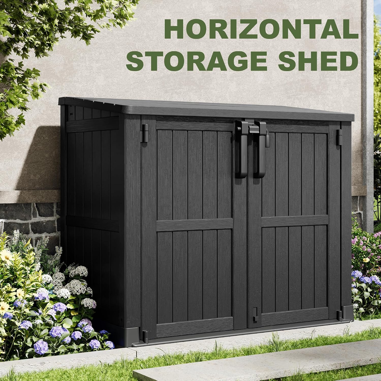 36 Cu Ft Resin Outdoor Storage Shed, Weatherproof Horizontal Outdoor Storage Cabinet with Dual Lock Door for Backyard, Patio, Garage, Garden(Black)
