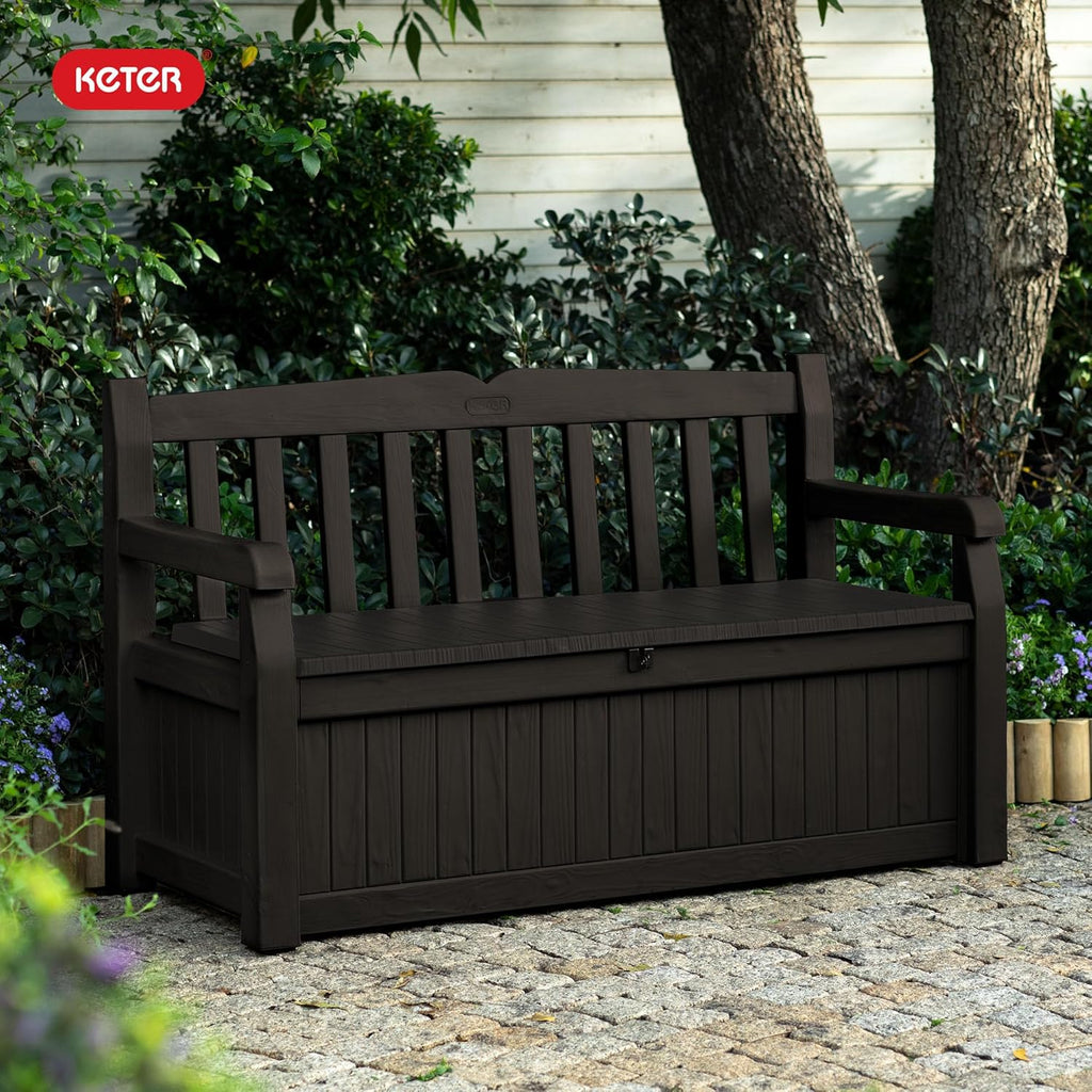 Keter Solana 70 Gallon Storage Bench Deck Box for Patio Furniture, Front Porch Decor and Outdoor Seating – Perfect to Store Garden Tools and Pool Toys, Brown/Brown