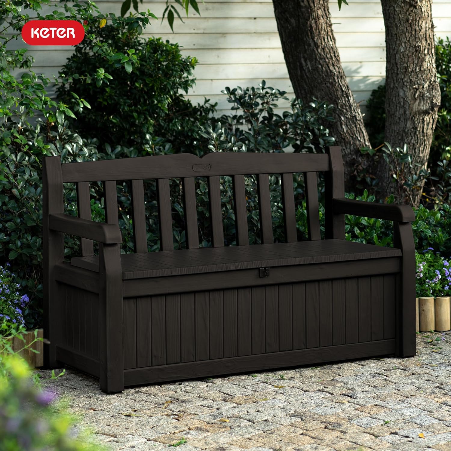 Keter Solana 70 Gallon Storage Bench Deck Box for Patio Furniture, Front Porch Decor and Outdoor Seating – Perfect to Store Garden Tools and Pool Toys, Brown/Brown