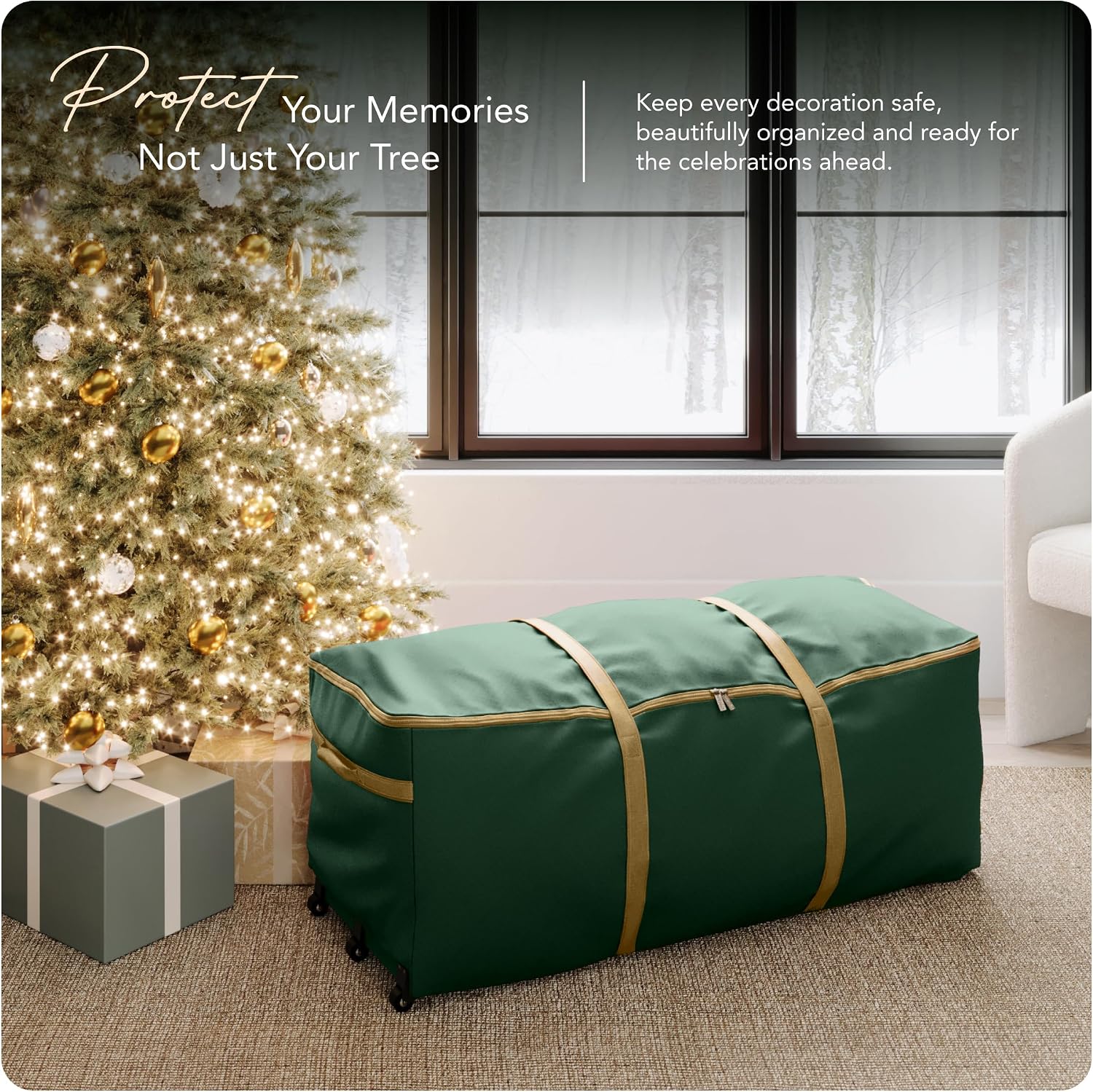 Covermates Keepsakes Christmas Tree Rolling Cinch Bag – Heavy-Duty Polyester Holiday Storage with Wheels, Reinforced Handles & Cinch Straps – Durable Christmas Tree Storage Solution, Green