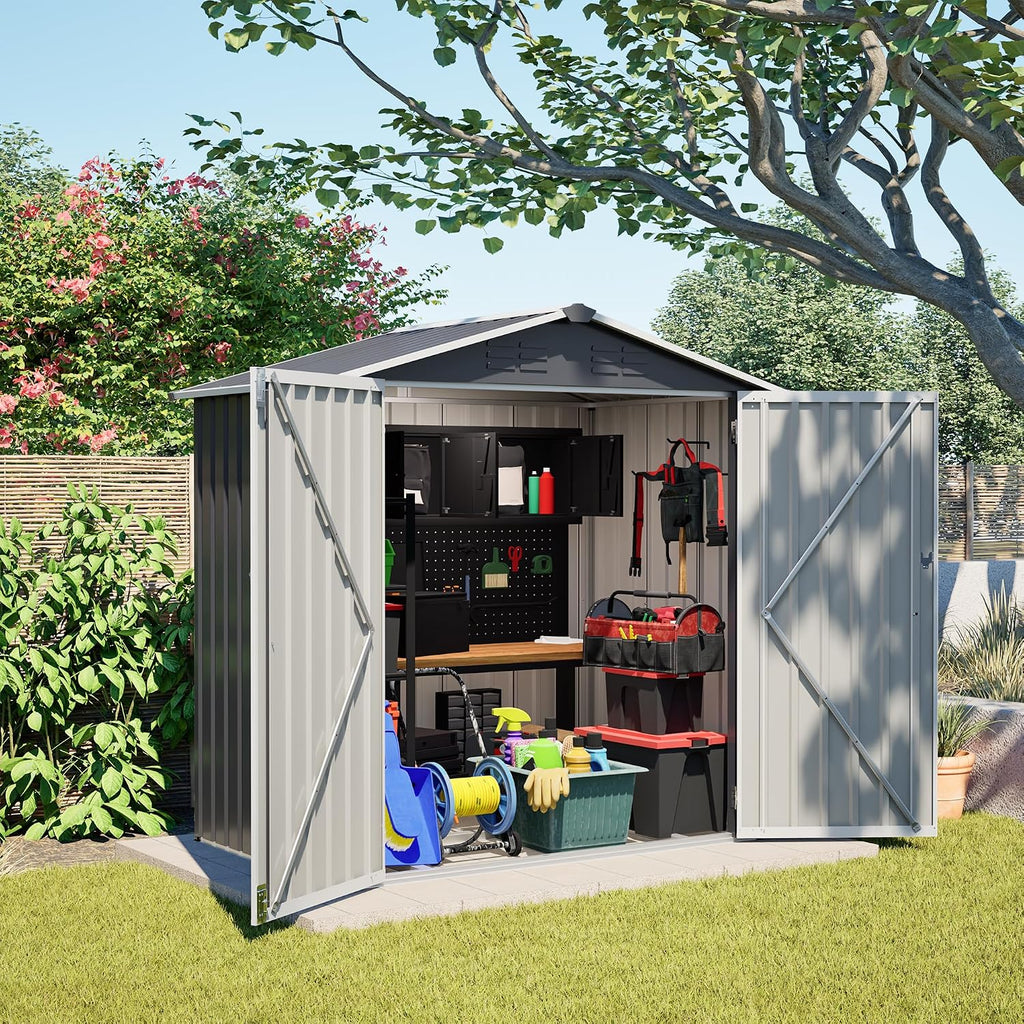 6x4FT Sheds & Outdoor Storage Shed with Lockable Doors, Vent, Heavy Duty Metal Garden Tool Shed for Backyard, Patio, Lawn
