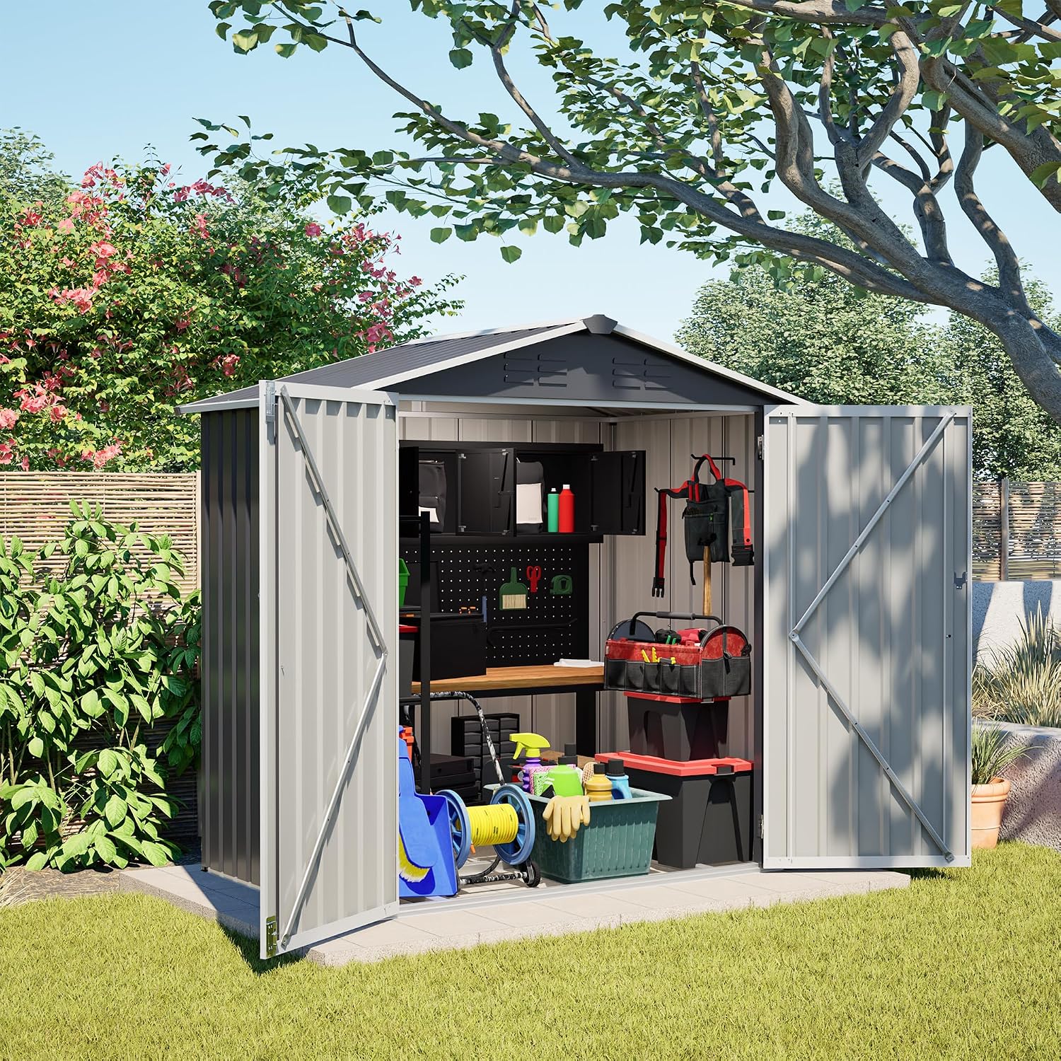 6x4FT Sheds & Outdoor Storage Shed with Lockable Doors, Vent, Heavy Duty Metal Garden Tool Shed for Backyard, Patio, Lawn