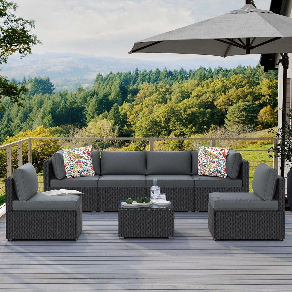 7-Piece Outdoor Patio Furniture Set, Outdoor Couch - Handwoven All-Weather Rattan & 4' Thick Waterproof Cushions, Wicker Outdoor Conversation Sets with Coffee Table for Backyard, 2026, Black/Grey