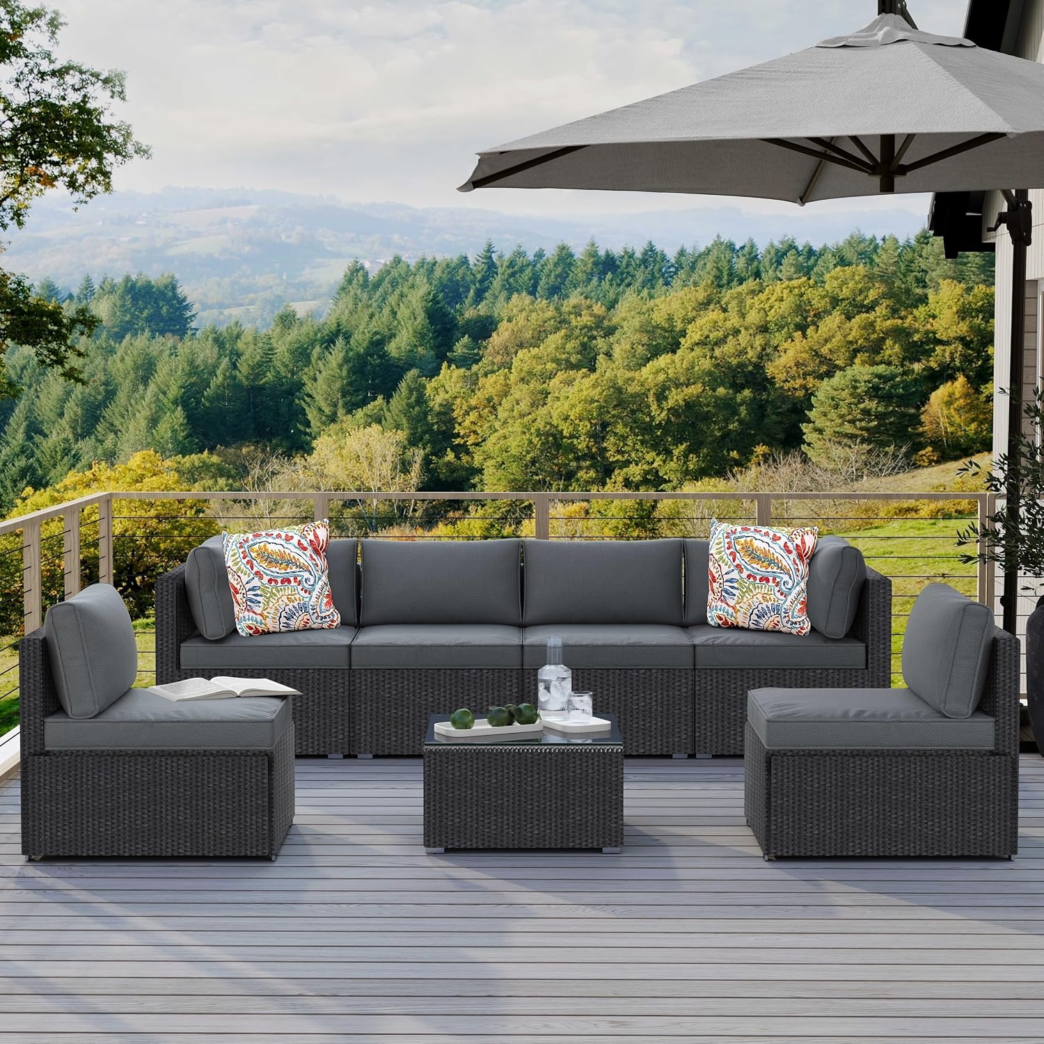 7-Piece Outdoor Patio Furniture Set, Outdoor Couch - Handwoven All-Weather Rattan & 4' Thick Waterproof Cushions, Wicker Outdoor Conversation Sets with Coffee Table for Backyard, 2026, Black/Grey