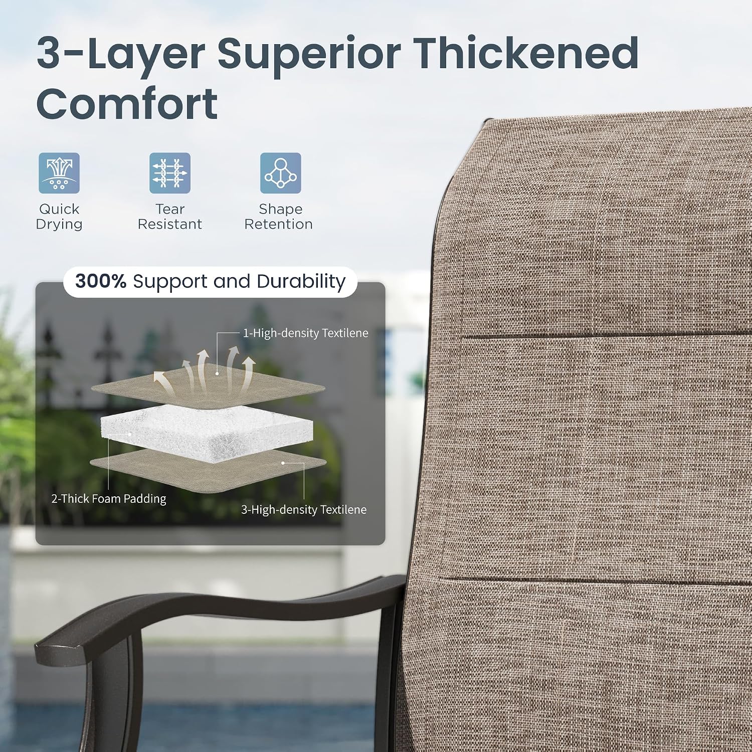 PHI VILLA Swivel Patio Chair Set of 2, 42' High Back Outdoor Chairs with Padded Fabric & E-Coating Frame, All Weather-Resistant for Deck Lawn Garden