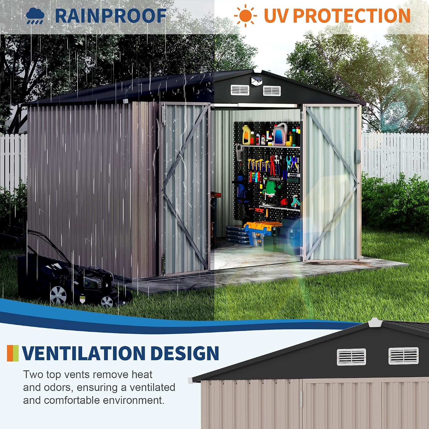 8x10 FT Metal Storage Sheds Outdoor, Metal Yard Sheds Metals Garden Shed Kit with Solar Light, MetalTool Shed with Lockable Door, Metals UtilitySheds Buildings with Air Vent for Backyard