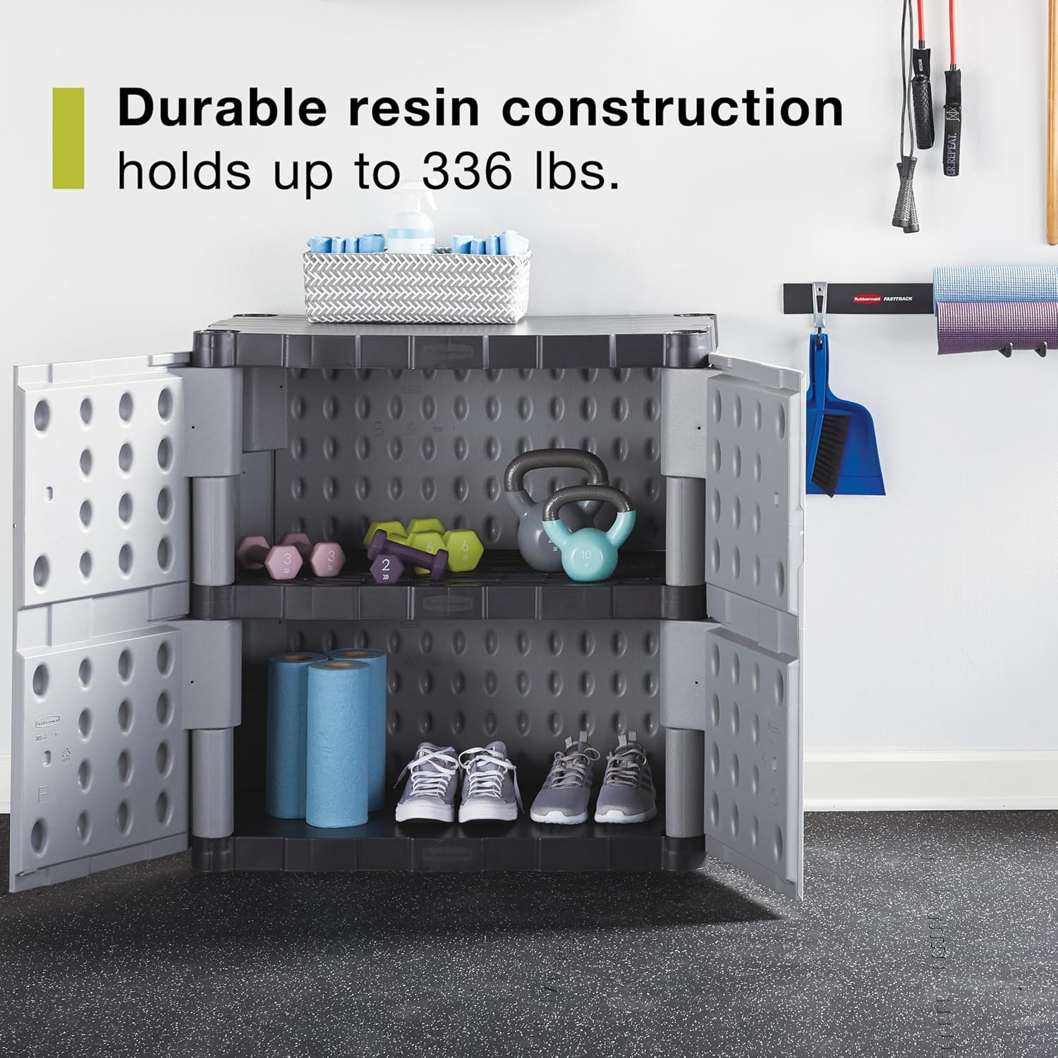 Rubbermaid Freestanding Storage Cabinet with Doors 18'D x 36'W x 37'H Medium Gray/Black Two-Shelf Lockable Cabinet for Indoor/Outdoor/Garage Storage for Garden Tools/Lawn Care Accessories