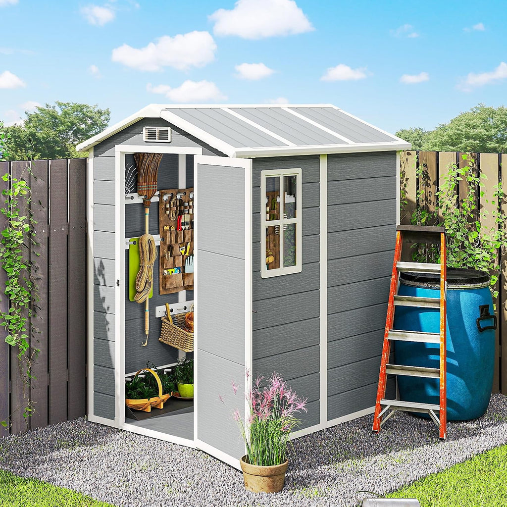 Outsunny 6' x 4' Outdoor Storage Shed, Waterproof Resin Plastic Shed with Floor, Window, Lockable Doors and Vents, All-Weather Garden Tool Shed for Backyard, Patio, Lawn, Gray