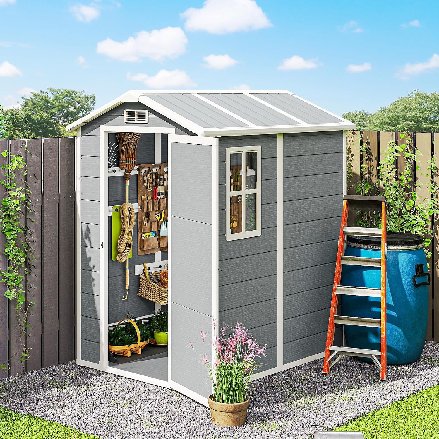 Outsunny 6' x 4' Outdoor Storage Shed, Waterproof Resin Plastic Shed with Floor, Window, Lockable Doors and Vents, All-Weather Garden Tool Shed for Backyard, Patio, Lawn, Gray