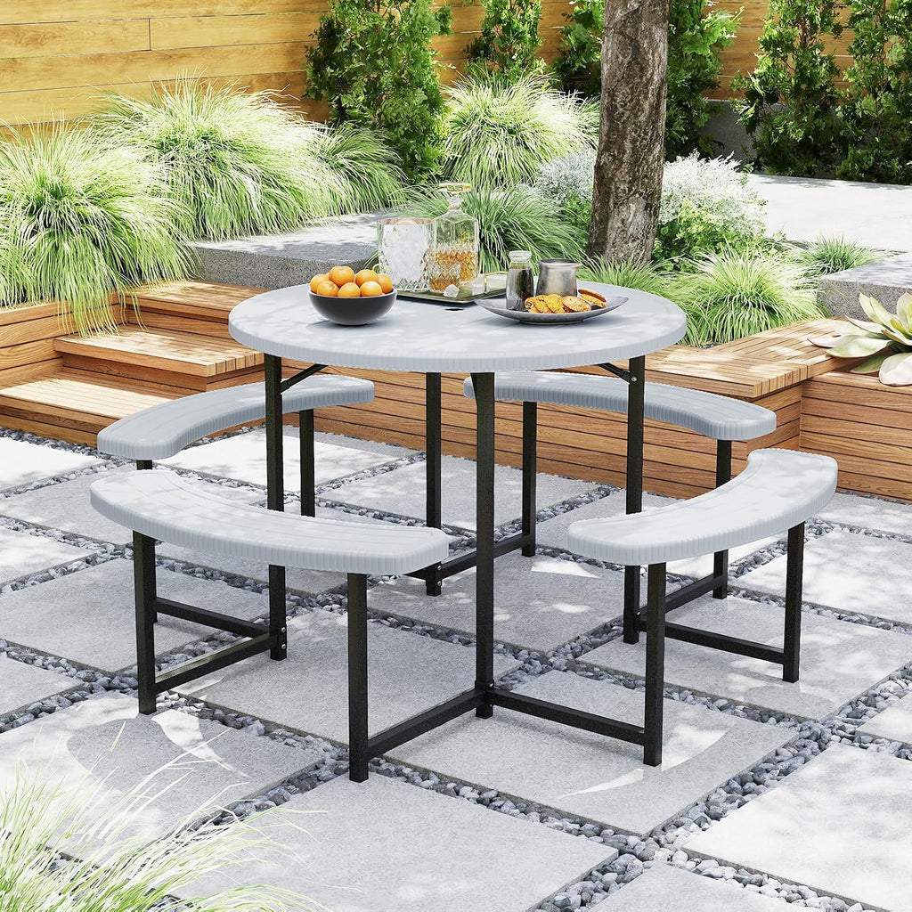 Giantex Picnic Table Bench Set for 4-8 Person, Round 37' Outdoor Dining Table w/Umbrella Hole, HDPE Tabletop, Metal Frame, Patio Furniture Set for Backyard Porch Lawn, 1400lb Capacity (White,Round)