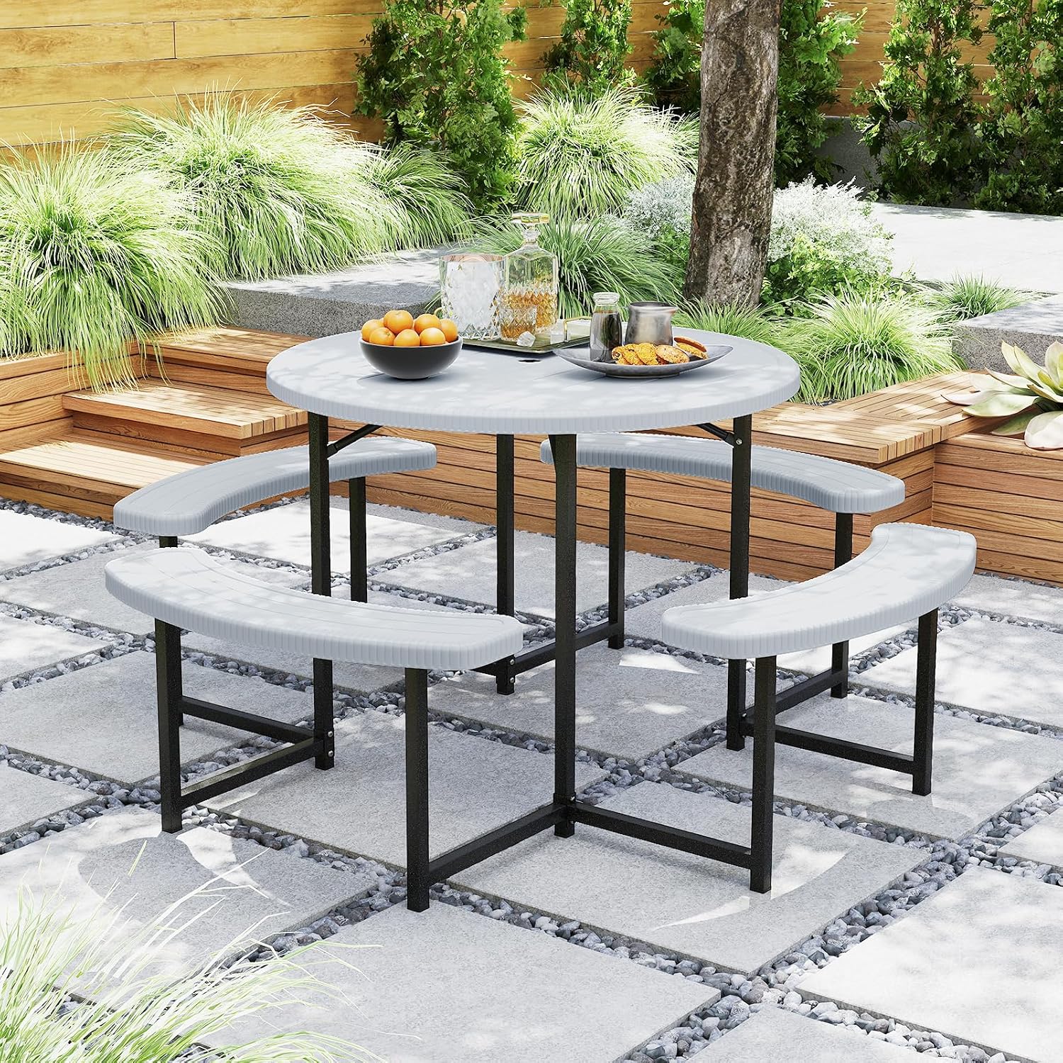 Giantex Picnic Table Bench Set for 4-8 Person, Round 37' Outdoor Dining Table w/Umbrella Hole, HDPE Tabletop, Metal Frame, Patio Furniture Set for Backyard Porch Lawn, 1400lb Capacity (White,Round)