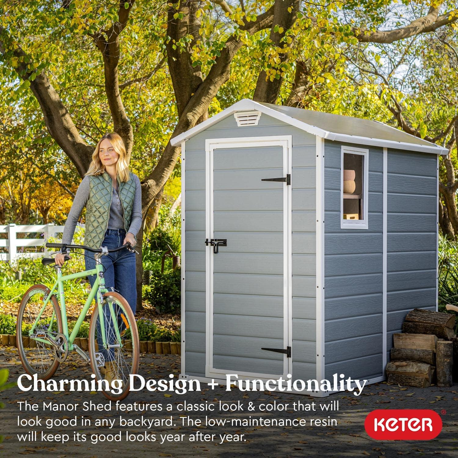 Keter Manor 4x6 Resin Outdoor Storage Shed Kit-Perfect to Store Patio Furniture, Garden Tools Bike Accessories, Beach Chairs and Lawn Mower, Grey & White