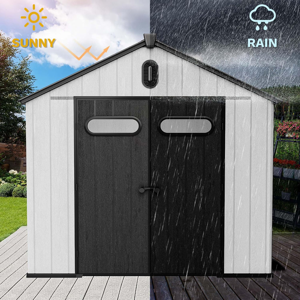 DWVO 8x10 FT Outdoor Storage Shed, 544 cuft Large Plastic Storage Shed with Floor & Lockable Door, Outside Tool Garden Shed with Windows & Vents for Patio Furniture/Lawn Mower, Black&Gray