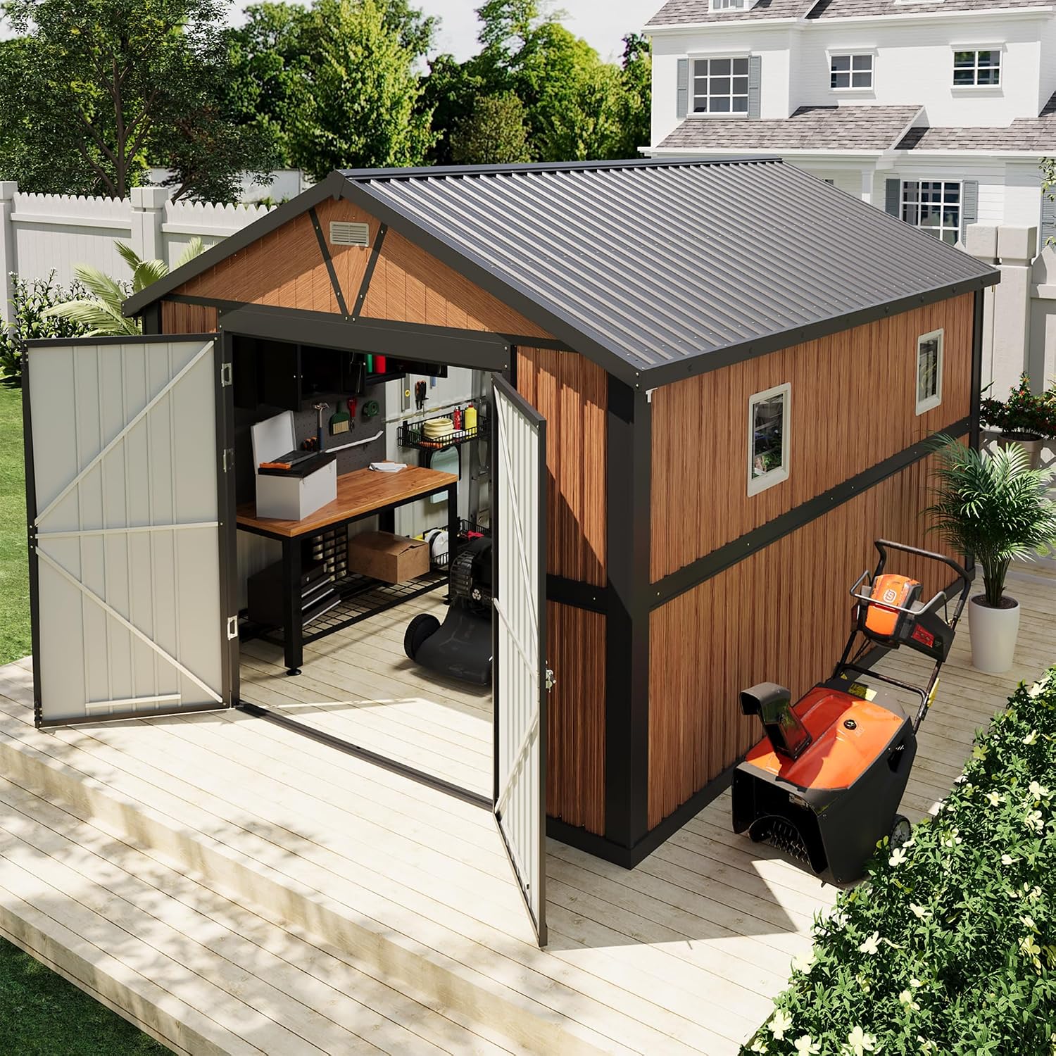 10x12 FT Outdoor Storage Shed, Metal Garden Shed with Floor, Lockable Doors and Windows, Large Tool Shed for Backyard, Patio and Lawn
