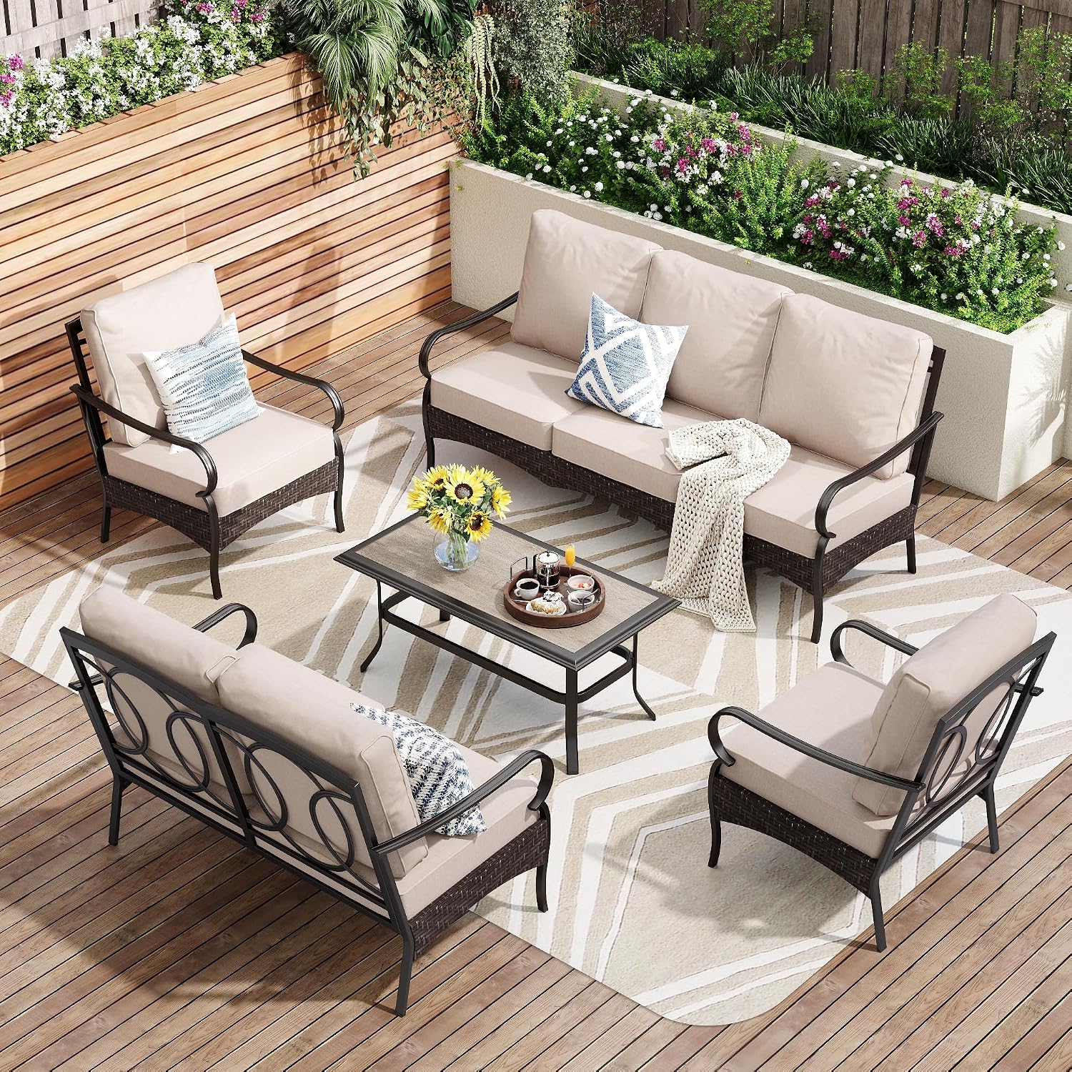 PHI VILLA Outdoor Modern Patio Furniture Set, Upgraded Wicker & Metal Patio Conversation Set with Waterproof Thick Cushions for Porch, Poolside, Yard (5 Pieces,Beige)