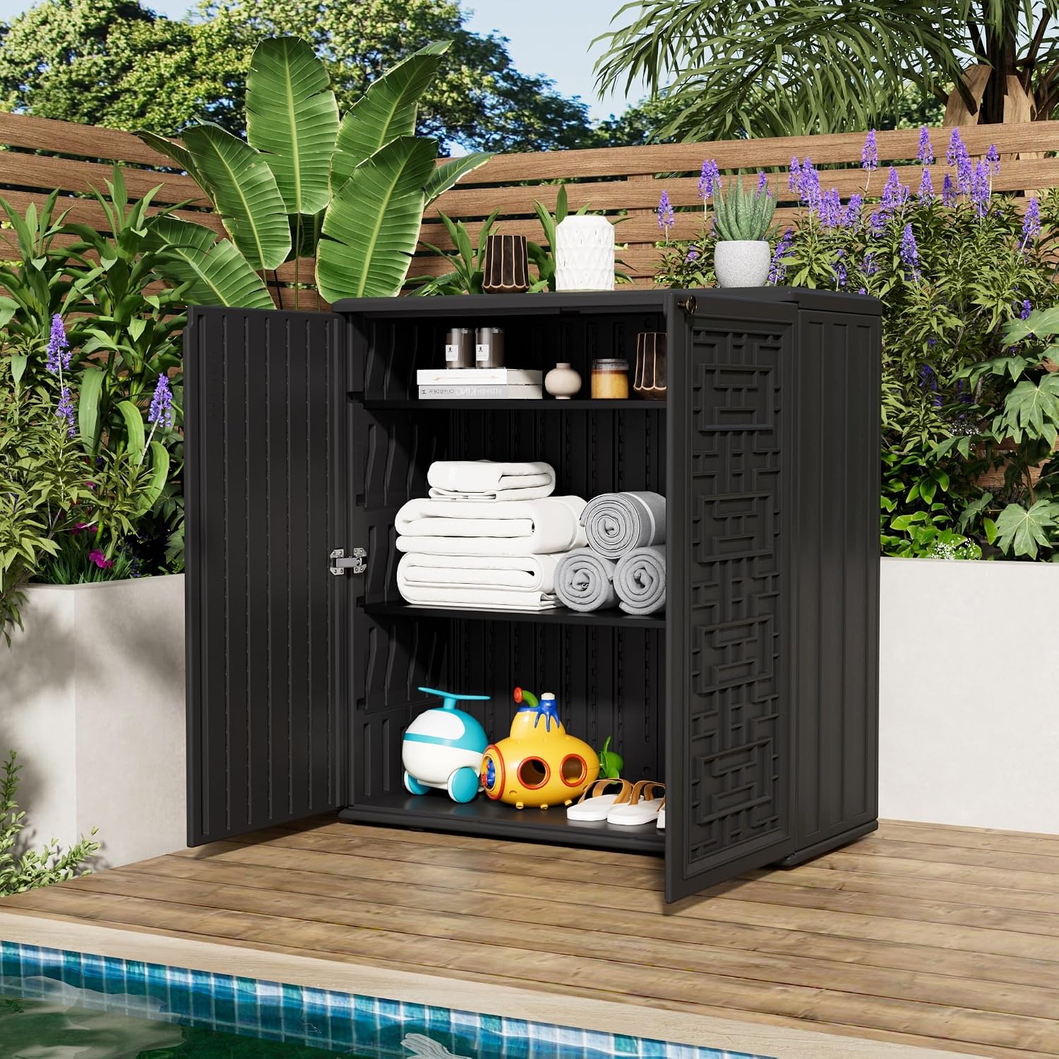Mrosaa Outdoor Storage Cabinet Waterproof with Shelf,Resin Storage Sheds Outdoor Cabinets for tub Towels/Chemicals/Grill Items/Patio/Garden/Backyard, Size 34.3''L*15''W*36.2''H（Black）