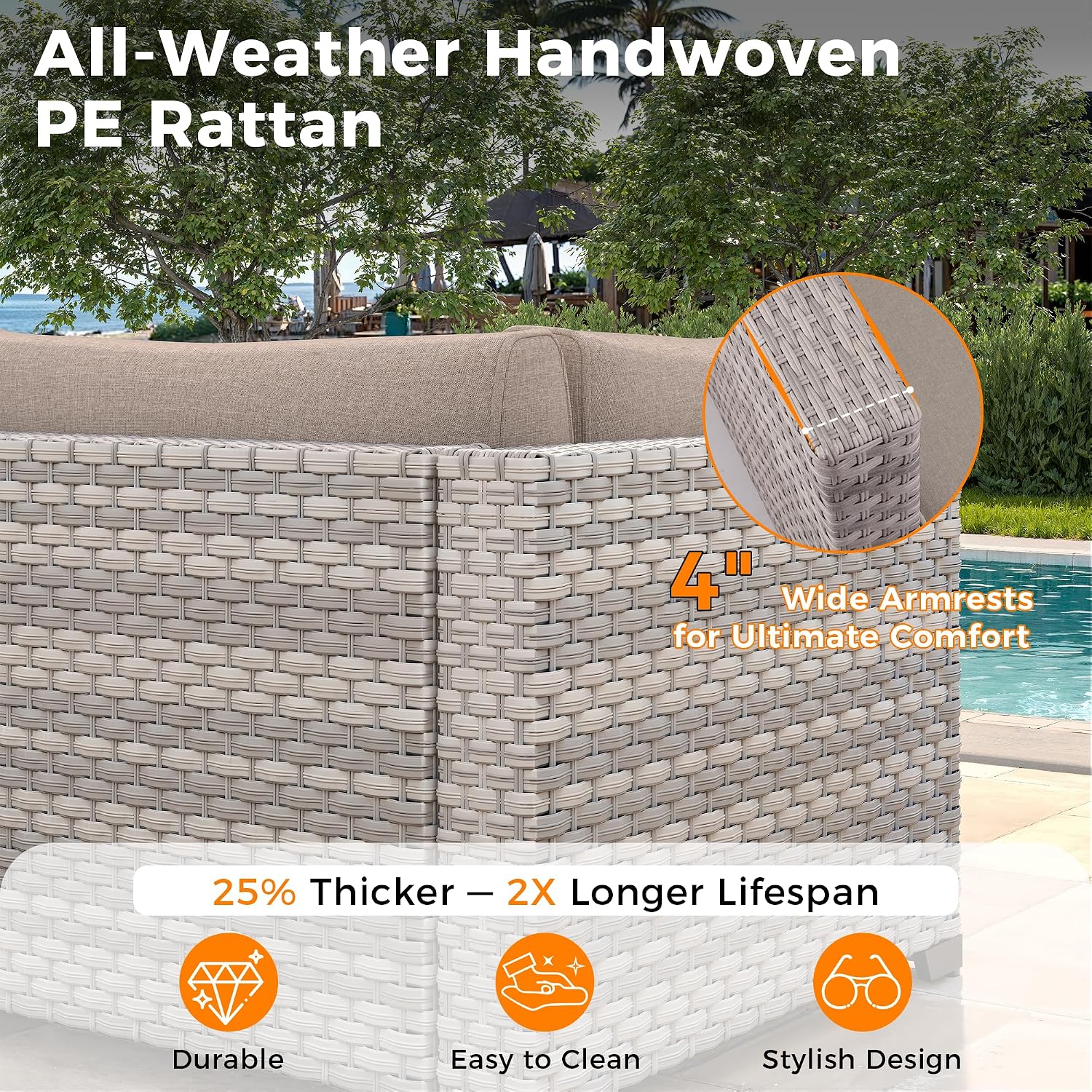 6-Seat Modern Outdoor Wicker Rattan Patio Furniture Set with 55,000 BTU Fire Pit Table, Thick 4″ Cushions, All-Weather Dual-Strand Rattan, Rust-Resistant Steel Frame,Beige