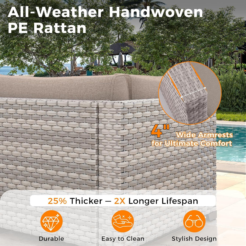 8-Seat Outdoor Wicker Patio Furniture Set with Fire Pit Table, Modular Rattan Sectional Sofa & 2 Swivel Rocking Chairs, 4' Thick Cushions, Rust-Resistant Frame,Beige