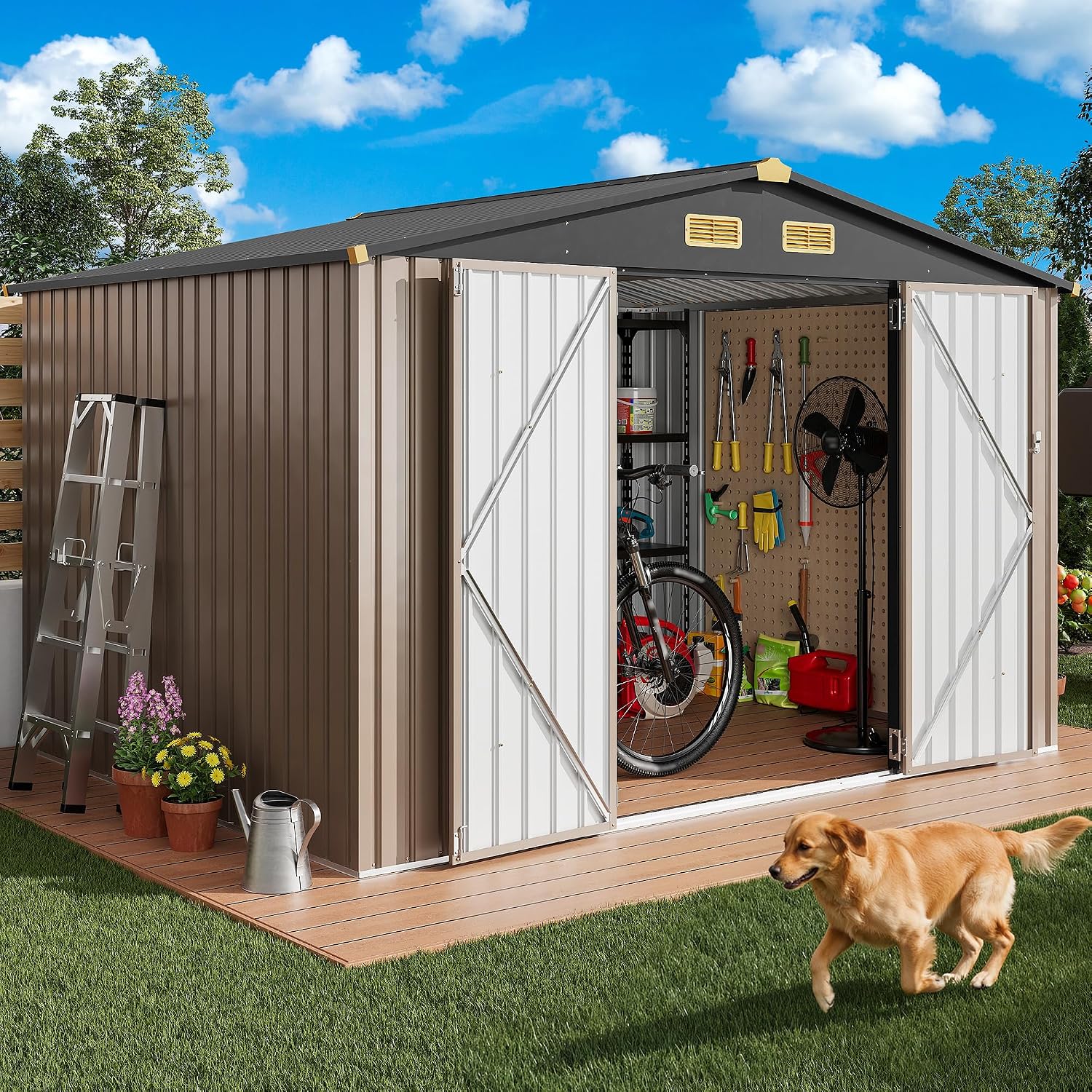 IRONCK 10x8FT Outdoor Storage Shed with Breathable Vent, 9.4x7.3FT Base Galvanized Steel Metal Tool Shed with Lockable Doors for Yard Bins/Generator/Wheelbarrow Garden Storage, Brown
