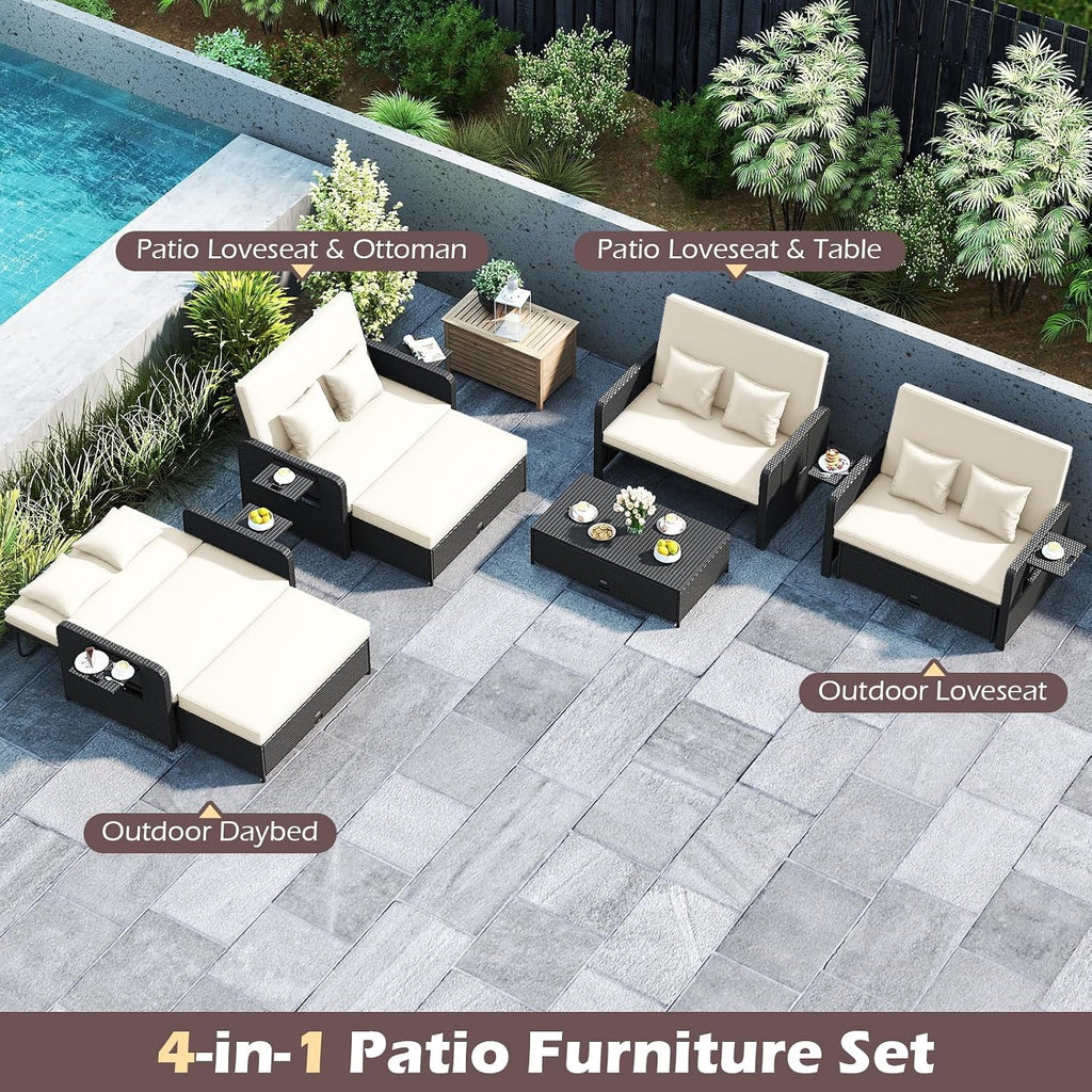 Tangkula Patio Rattan Daybed with 4-Level Adjustable Backrest, Outdoor PE Wicker Loveseat with Storage Ottoman & Folding Side Tray, Double Sunbed Lounger for Balcony, Backyard & Poolside (White)