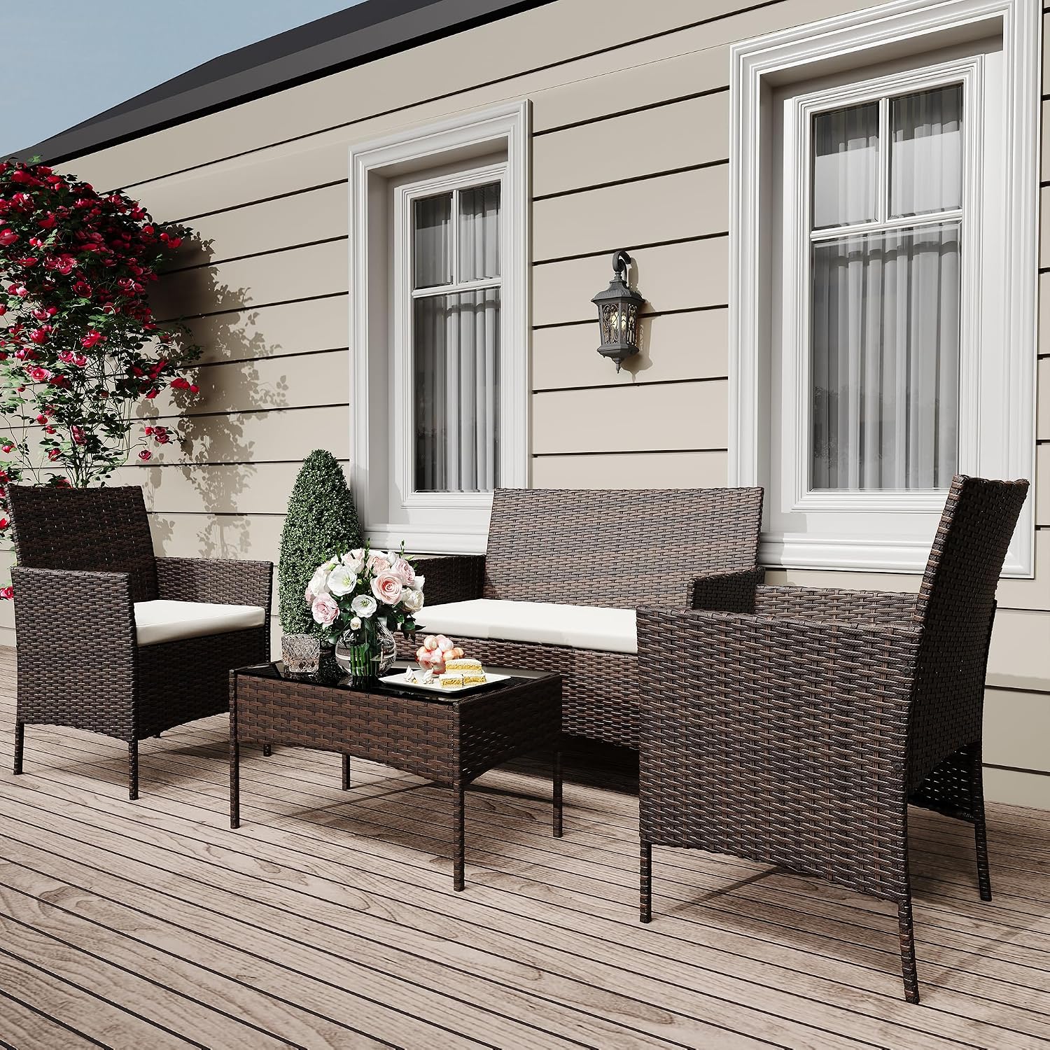 GarveeLife 4-Piece Patio Furniture Set, Rattan Outdoor Furniture with Upholstered Sofa, 2 Chairs & Coffee Table, Modern Conversation Bistro Set for Garden Backyard Porch (Brown and Beige)