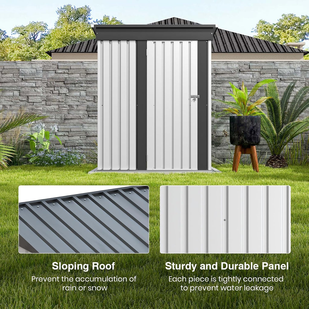 Patiolife 5x3 FT Outdoor Storage Shed, Metal Shed with Lockable Door & Sloping Roof, Steel Tool Shed for Backyard Patio Lawn, White