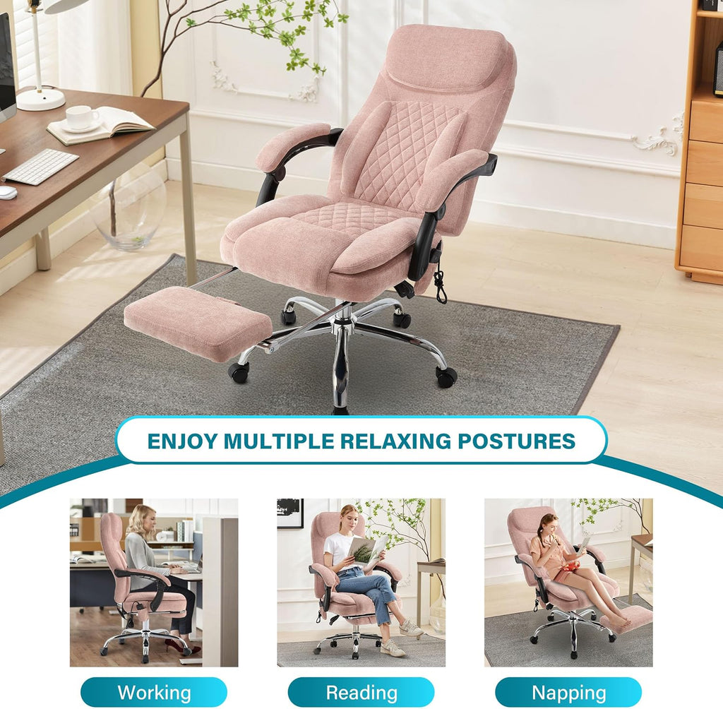 6-Point Massage Office Chair with Heated, Ergonomic Office Chair with Footrest & 45°Reclining High Back, Big and Tall Executive Office Chair 500LBS, Thick Cushion Desk Chair for Home Office, Pink