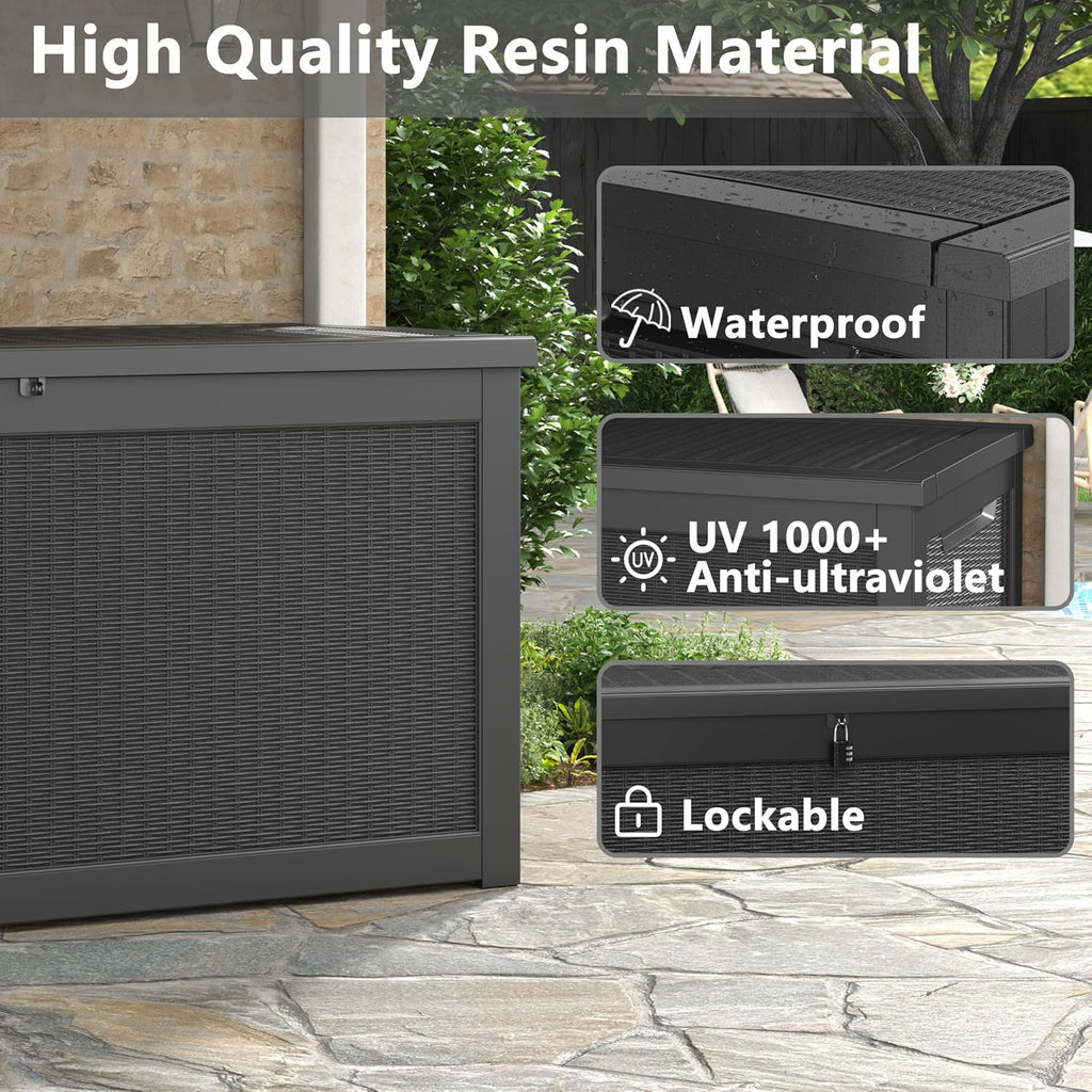 KAMABOKO 280 Gallon Outdoor Storage Box, Resin Deck Boxes Indoor and outdoor, Waterproof Storage Box Lockable Lid for Garden Tools, Package Delivery, Patio Cushions, Black