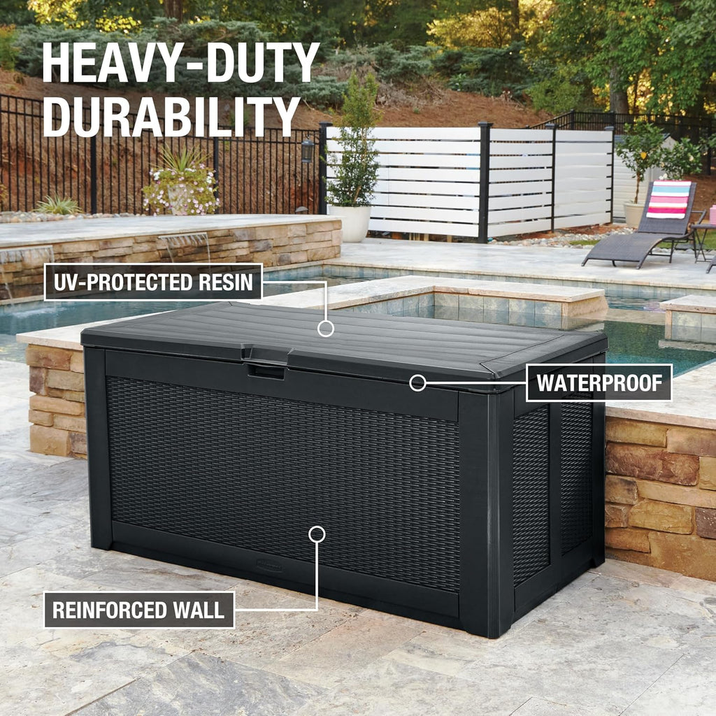 Rubbermaid Extra Large Resin Outdoor Storage Deck Box (134 Gal), Weather Resistant, Black, Deck Organization for Home/Backyard/Pool Chemicals/Toys/Garden Tools/Porch/Patio Cushions
