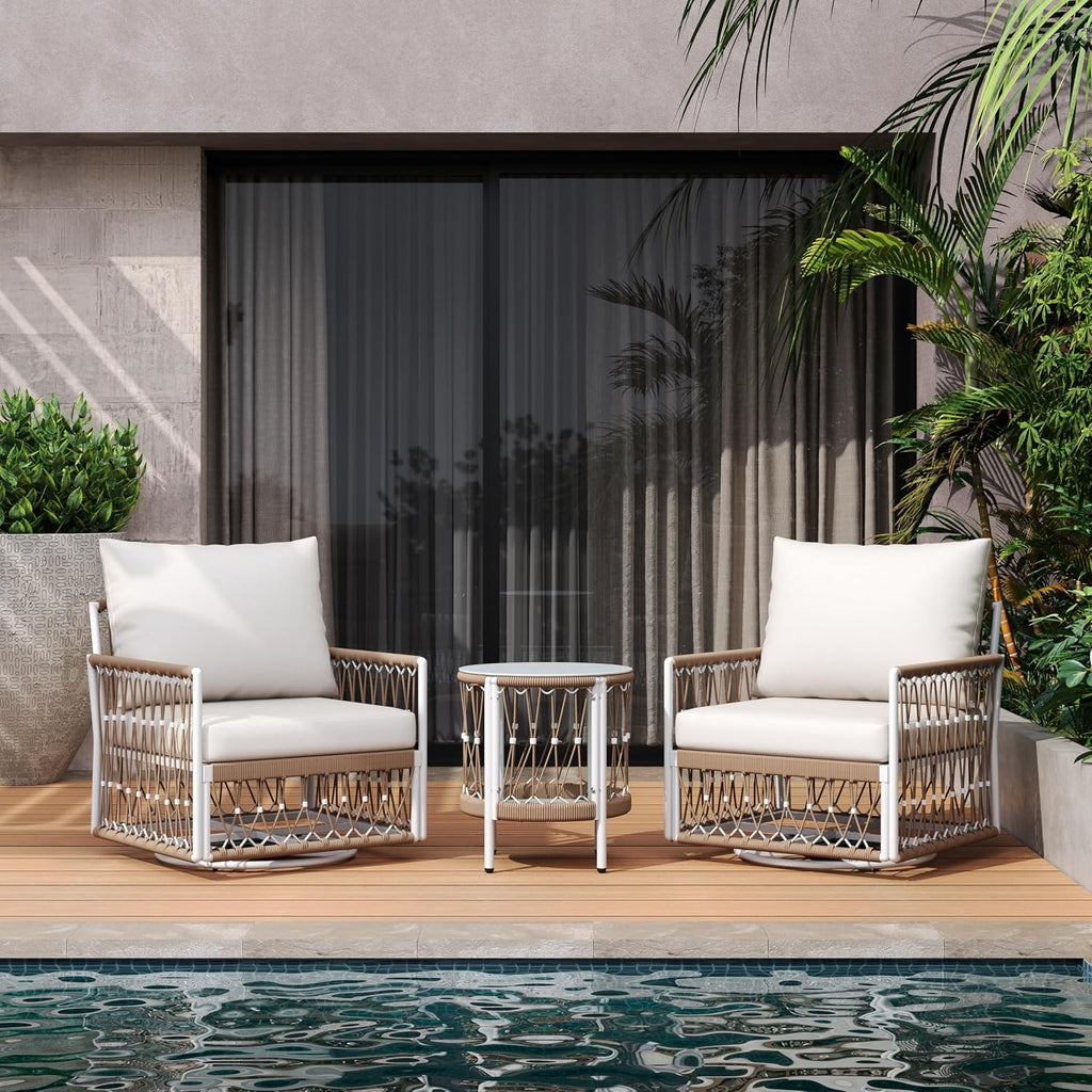 Christopher Knight Home Janna 3-Piece Bohemian Outdoor Patio Furniture Set, Set of 2 Swivel Lounge Chairs with Cushions & Glass Top Side Table, Patio Conversation Set for Garden, Beige + Natural