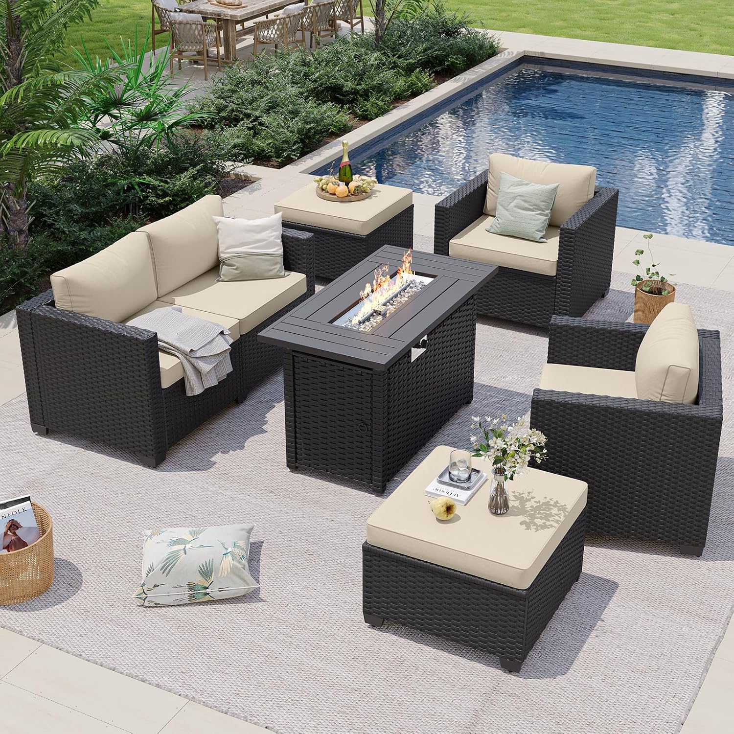 Aoxun Patio Furniture Set with Fire Pit Table, 6 Seats Outdoor Furniture Set with Wicker Ottomans, Rattan Outdoor Sectional Sofa with Thickened Cushion & Waterproof Cover Beige