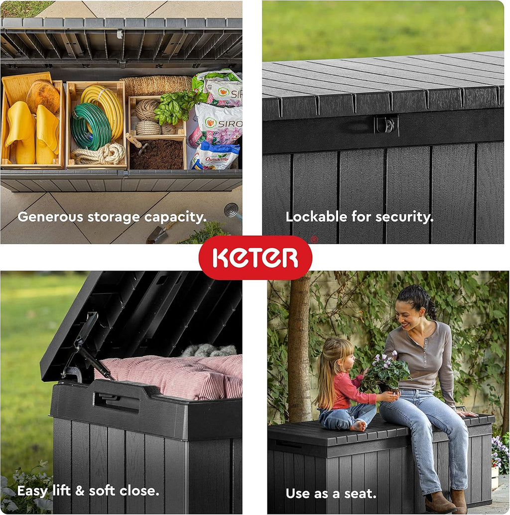 Keter Darwin 100 Gallon Resin Large Deck Box - Organization and Storage for Patio Furniture, Outdoor Cushions, Garden Tools and Pool Toys, Grey & Black