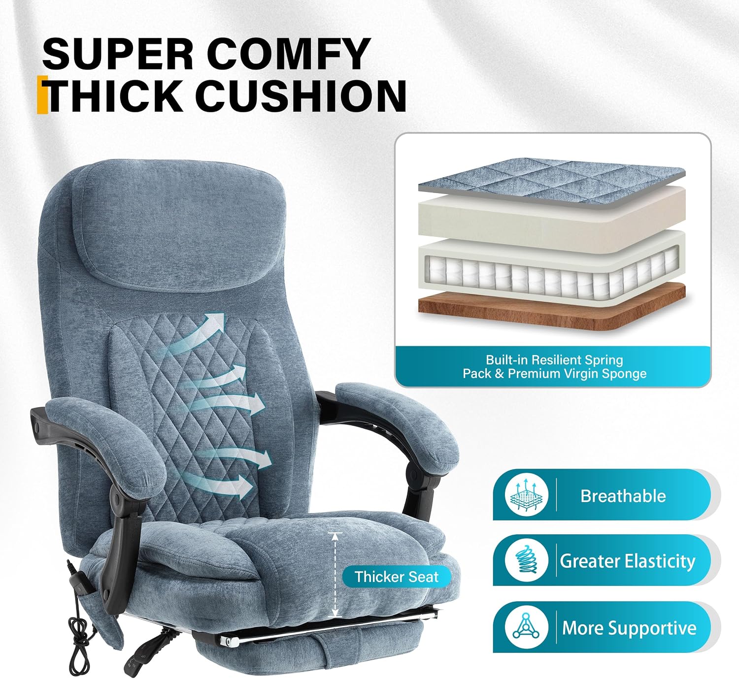 6-Point Massage Office Chair with Heated, Ergonomic Office Chair with Footrest & 45°Reclining High Back, Big and Tall Executive Office Chair 500LBS, Thick Cushion Desk Chair for Home Office, Blue