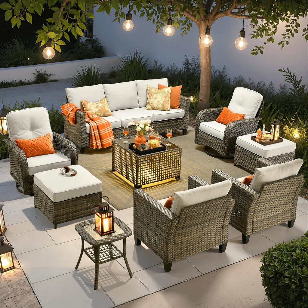 ovios 9 Pieces Patio Furniture Set, Outdoor Wicker Sofa Couch with Rocking Swivel Chairs Solar Lights Table, Modern Deep Seat Rattan Conversation Sets for Deck Porch, Grey