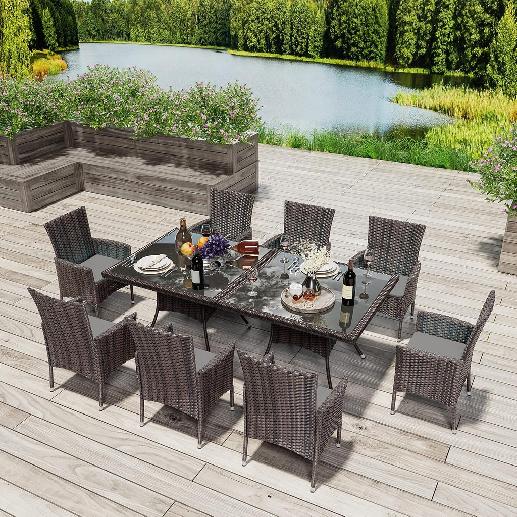 10 Pieces Outdoor Patio Dining Set,Patio Table and Chairs Rattan Outdoor Patio Furniture Set with Umbrella Hole,Dining Table Set for 8 with Chairs for Backyard,Garden and Kitchen,Grey